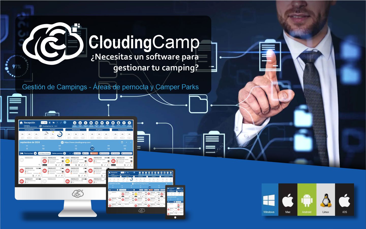 Interfaz de CloudingCamp - software de gestión de campings en la nube mostrando panel de reservas
